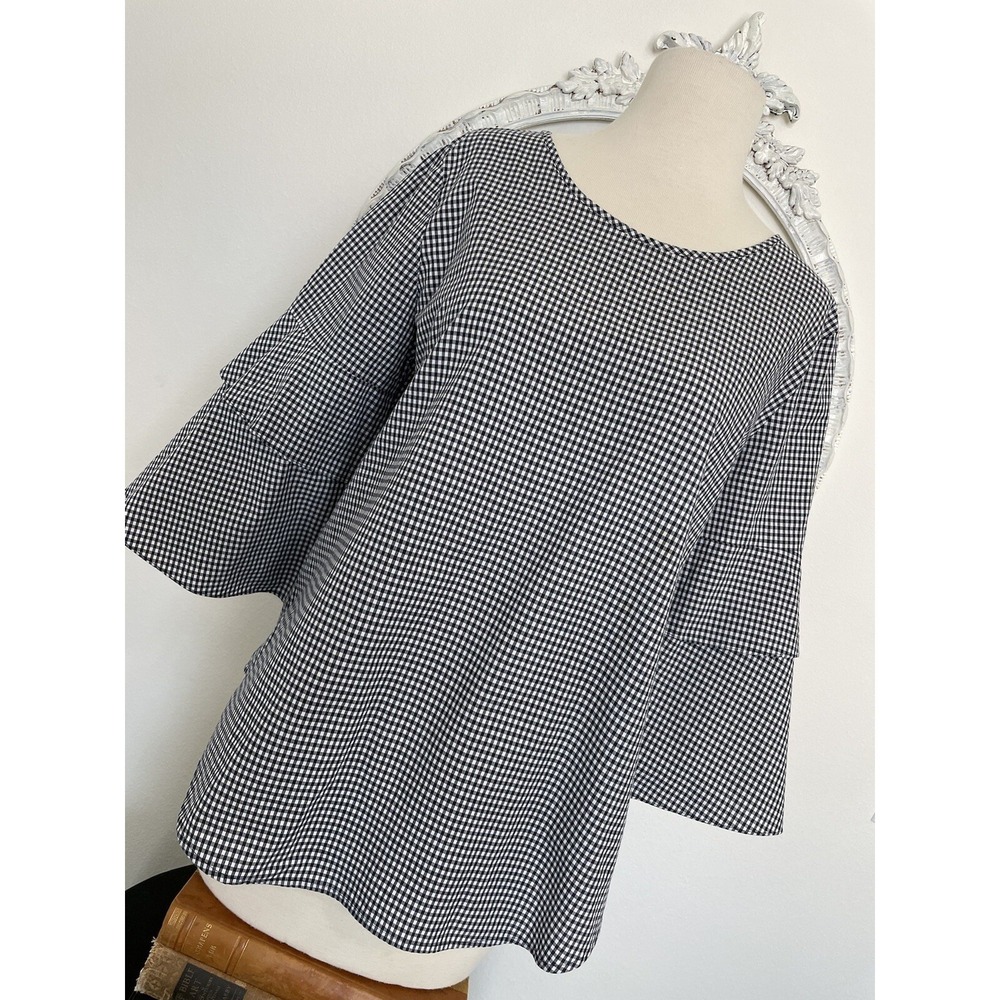 Van Heusen Womens Top Size M Medium Black White Gingham Bell Sleeve Shirt